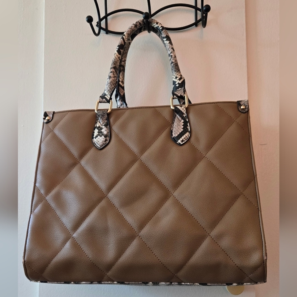 Brown And Black Snake Print Quilted Tote Shoulder Hand Bag